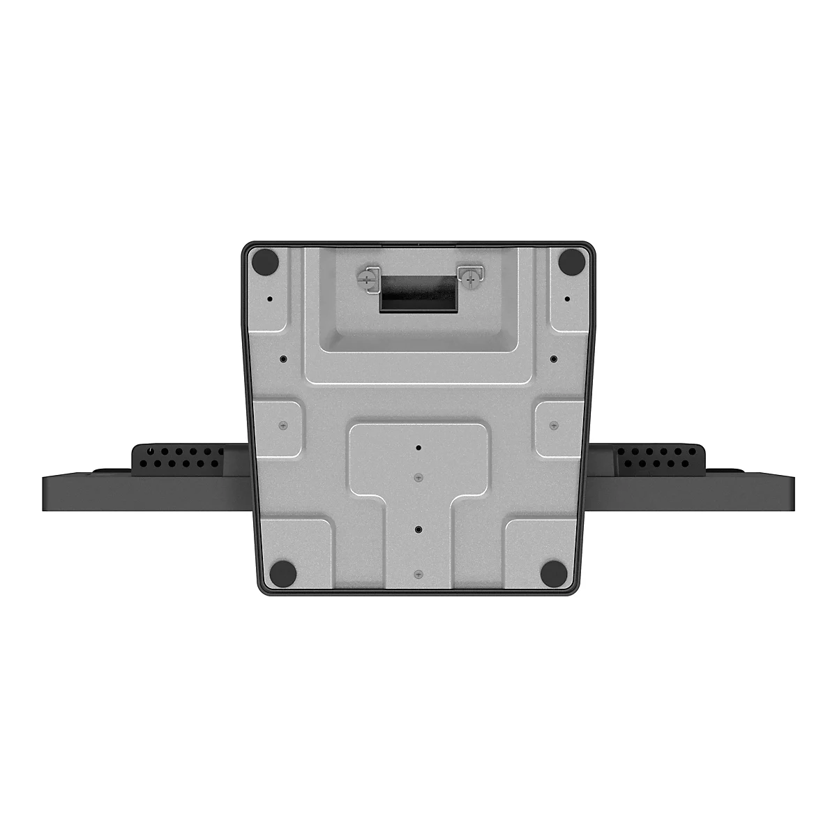 Draufsicht auf die Unterseite eines schwarzen Monitors. Zwei flache Arme, mit Luftschlitzen, gehen von beiden Seiten weg. Das Gehäuse ist grau.