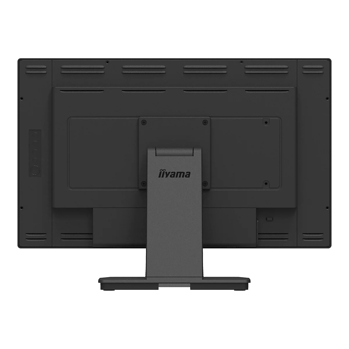 Rückseite eines schwarzen iiyama-Monitors. Es sind Lüftungsschlitze, eine Halterung mit Logo und Anschlüsse zu sehen.
