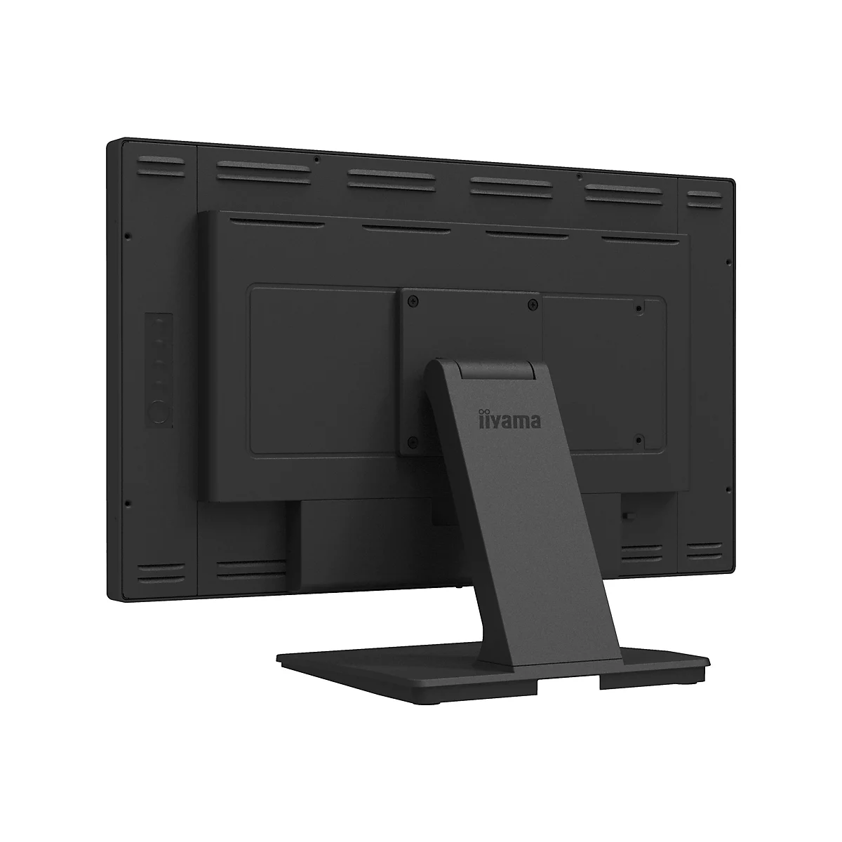 Rückansicht eines schwarzen Computerbildschirms mit Standfuß. Das Iiyama Logo ist deutlich zu sehen.