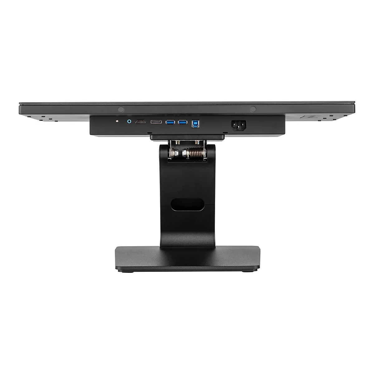 Draufsicht auf einen schwarzen Monitor mit Anschlüssen, Ständer und Standfuß.