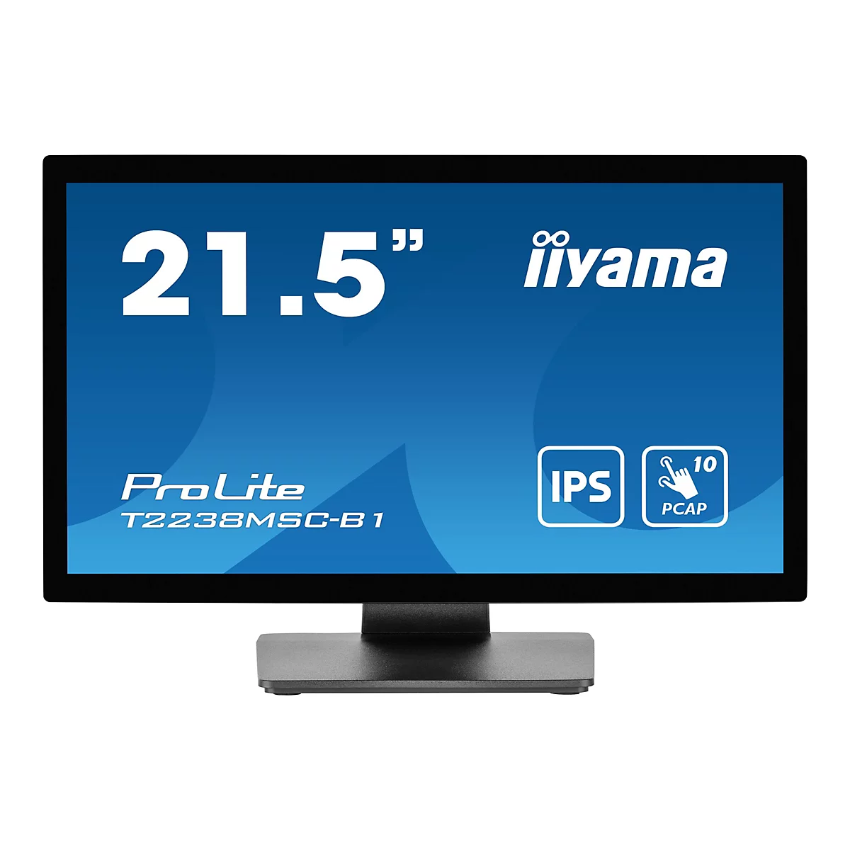 Ein schwarzer Touchscreen-Monitor mit der Aufschrift 21,5" iiyama, ProLite, IPS und PCAP. Der Bildschirm ist an einem schwarzen Fuß befestigt.