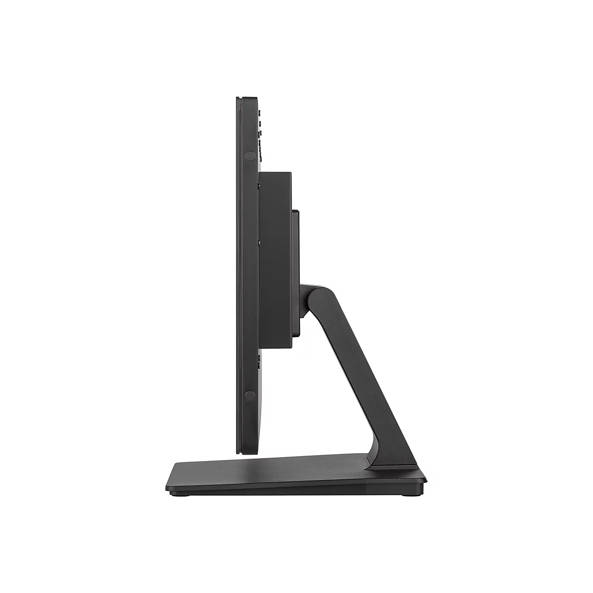 Seitenansicht eines schwarzen Monitors mit Standfuß. Der Bildschirm zeigt keine Inhalte.