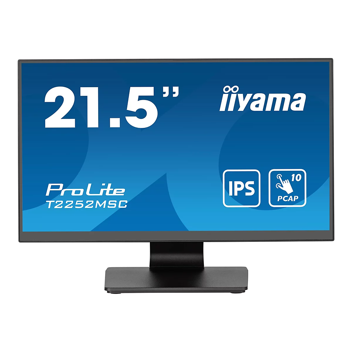 Flachbildschirm mit der Aufschrift 21,5" und iiyama-Logo. Darunter ProLite T2252MSC und Icons für IPS und PCAP.