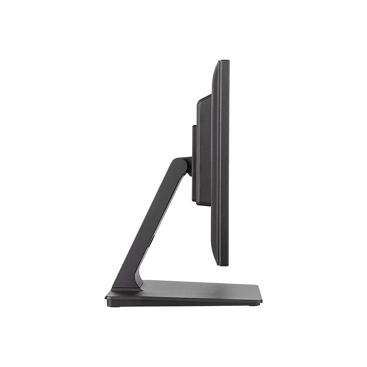 Seitenansicht eines schwarzen Monitors mit Standfuß. Der Bildschirm steht auf einem weißen Hintergrund.