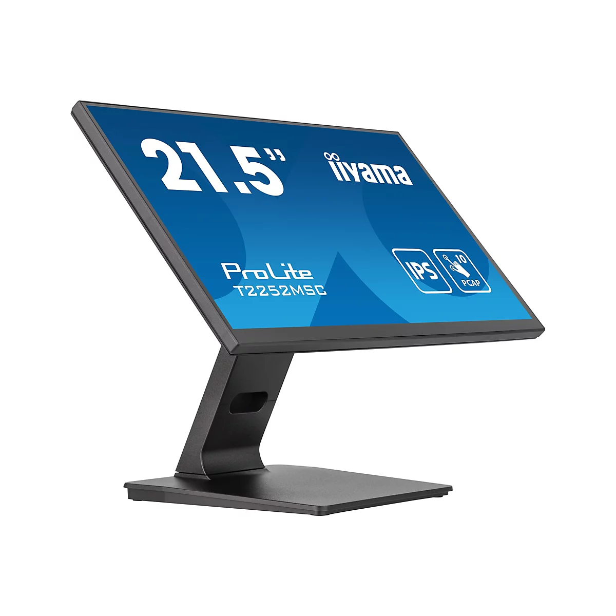 Ein schwarzer Touchscreen-Monitor, 21,5 Zoll, Marke Iiyama ProLite, steht auf einem Tisch. Details: IPS, PCAP, Touch-Funktion.