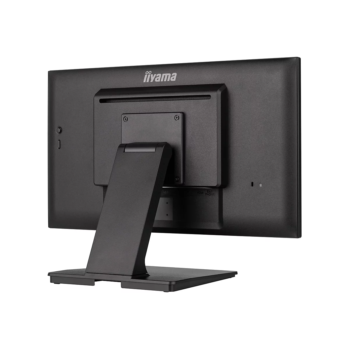Rückseite eines schwarzen iiyama-Monitors mit Standfuß. Anschlüsse sind beschriftet.