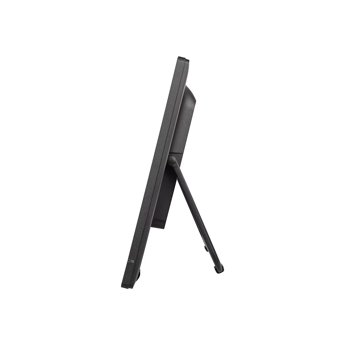 Ein schwarzes Tablet oder ein Monitor steht mit einem Ständer im Profil. Der Hintergrund ist weiß.