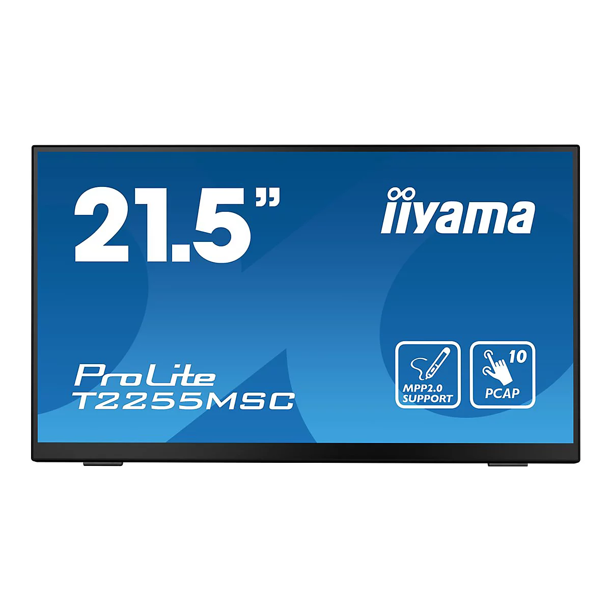 Der Bildschirm zeigt eine blaue Oberfläche mit weißer Schrift: 21,5 Zoll, iiYama, ProLite T2255MSC. Unten rechts zwei Symbole mit der Aufschrift MPP2.0 Support und PCAP 10.
