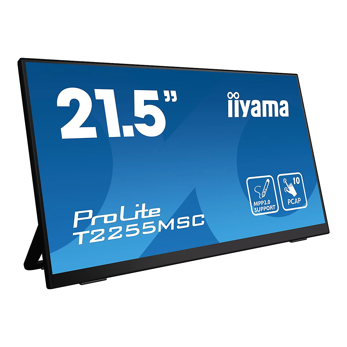 Schwarzer Touchscreen-Monitor mit der Aufschrift 21,5 Zoll, iiYama, ProLite T2255MSC. Blaue Oberfläche mit Symbolen und weißer Schrift.