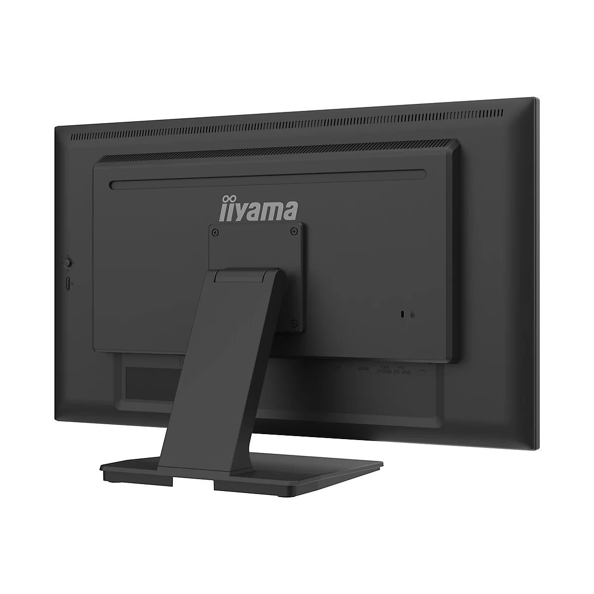 Rückansicht eines schwarzen iiyama-Monitors. Das iiyama-Logo ist mittig platziert. Anschlüsse und ein Ständer sind sichtbar.