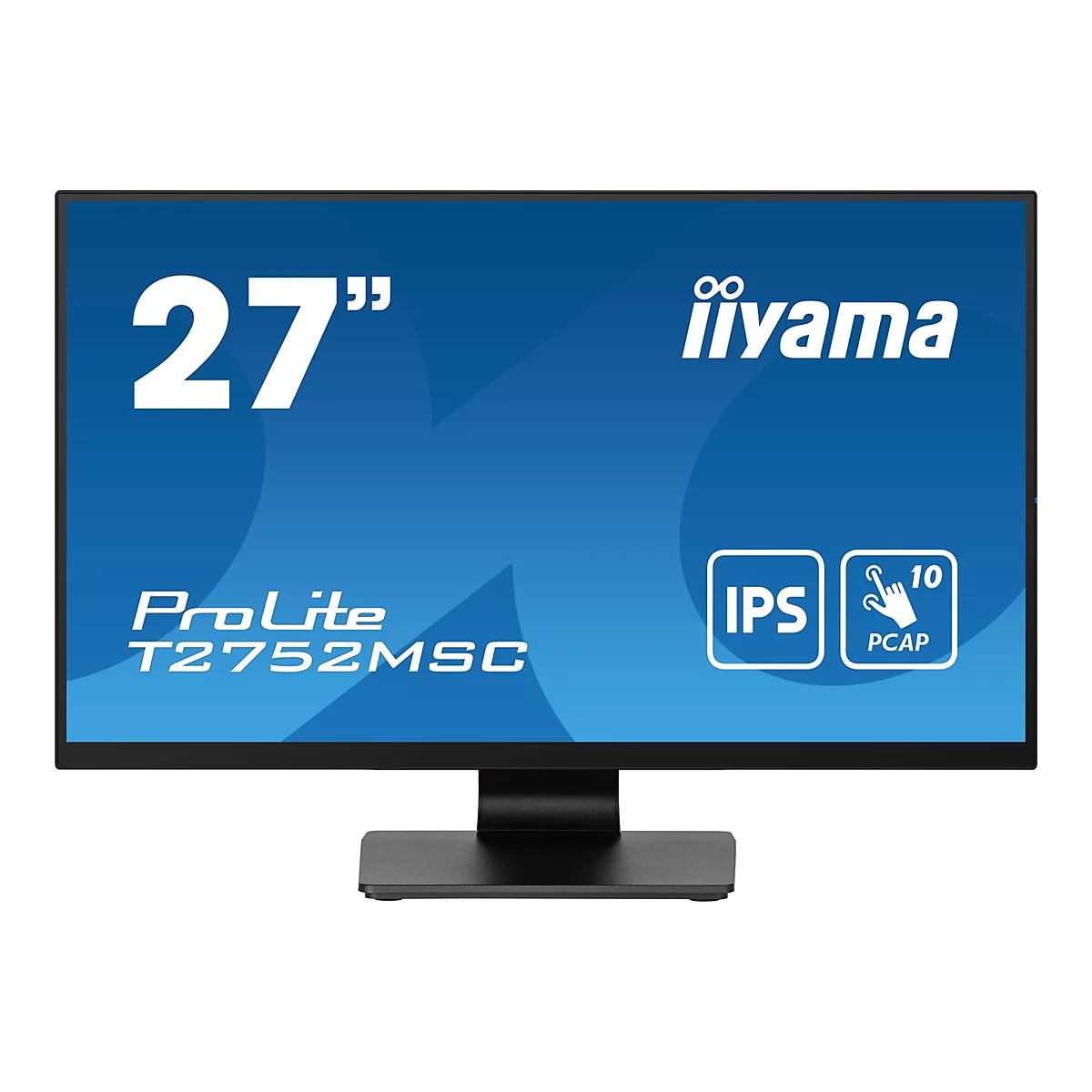 Schwarzer iiyama Monitor mit weißer Schrift, die Größe 27" und die Modellbezeichnung T2752MSC zeigt.