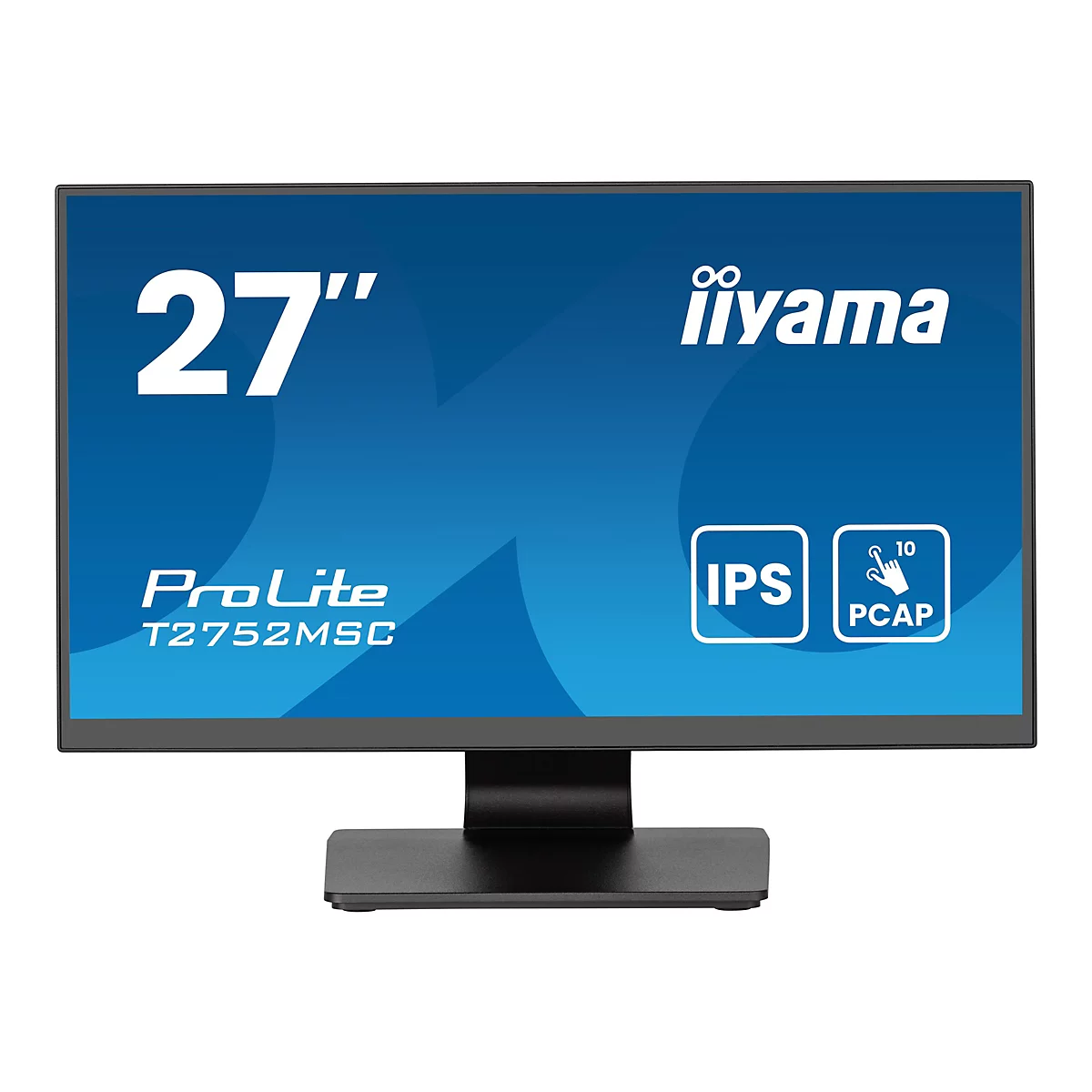 Ein schwarzer iiyama Monitor mit blauem Bildschirm. Auf dem Bildschirm sind Schriftzüge wie "27", "iiyama", "ProLite", "IPS" und "PCAP" zu sehen.