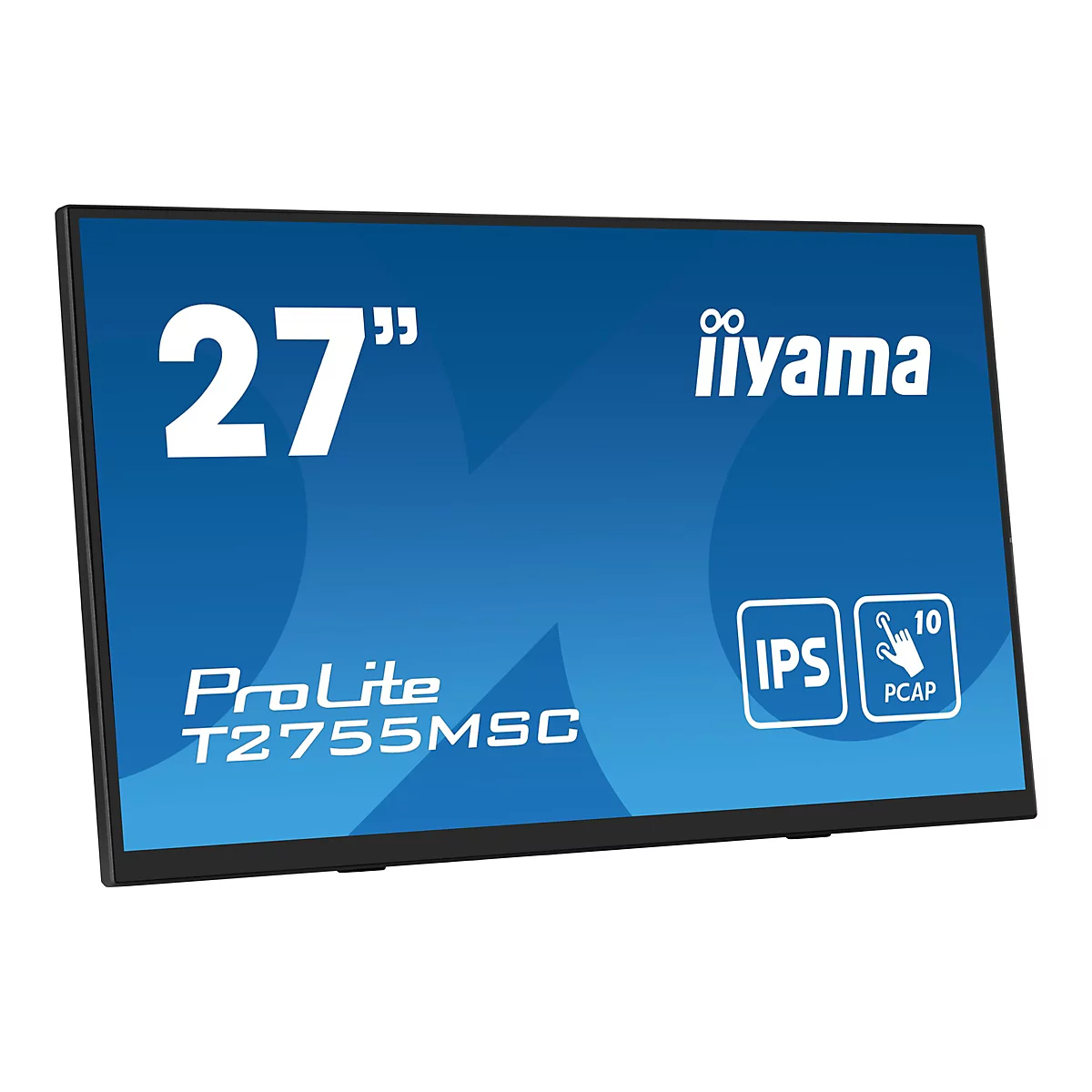 Ein 27 Zoll Monitor mit schwarzem Rahmen und blauem Bildschirm. Auf dem Bildschirm sind die Schriftzüge "27 Zoll", "iiyama", "ProLite T2755MSC", "IPS" und "PCAP" zu sehen.
