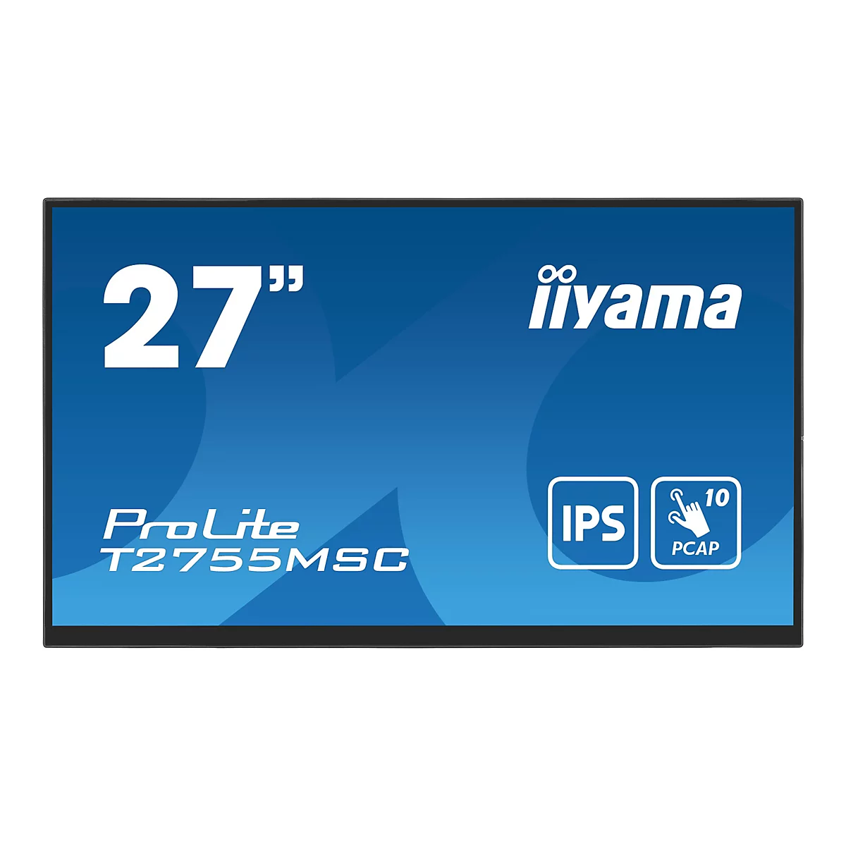Ein Touchscreen-Monitor mit der Aufschrift 27", iiYama, ProLite T2755MSC und Logos für IPS und PCAP-Touch.