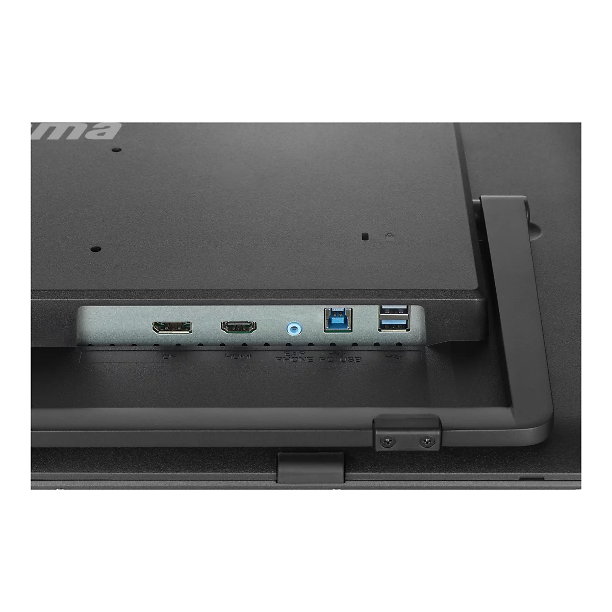 Nahaufnahme der Rückseite eines schwarzen Monitors. Ports wie HDMI, USB und Audio sind sichtbar.