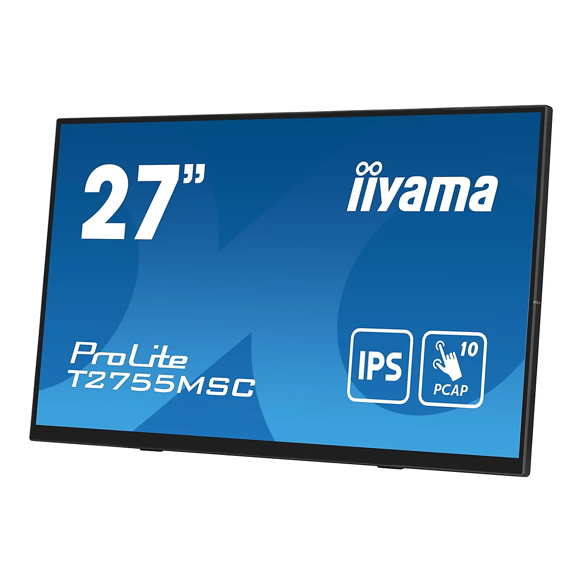 Ein 27-Zoll-Touchscreen-Monitor mit den Schriftzügen "27", "iiyama" und "ProLite T2755MSC" auf blauem Hintergrund.