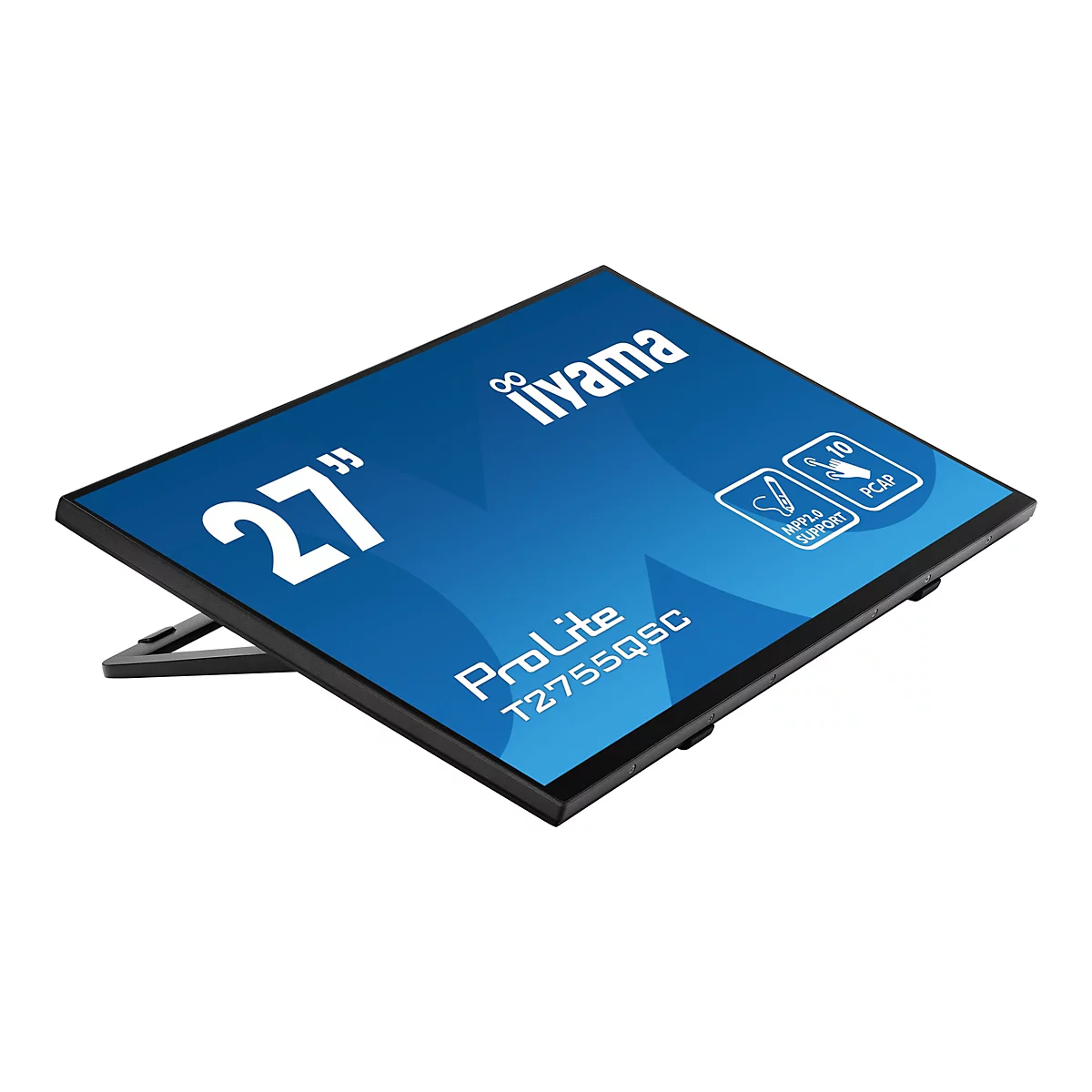 Ein schwarzer iiyama Monitor mit blauem Bildschirm, der von einem Ständer gehalten wird. Der Bildschirm zeigt den Text "27 Zoll", das Logo "iiyama" und technische Informationen.