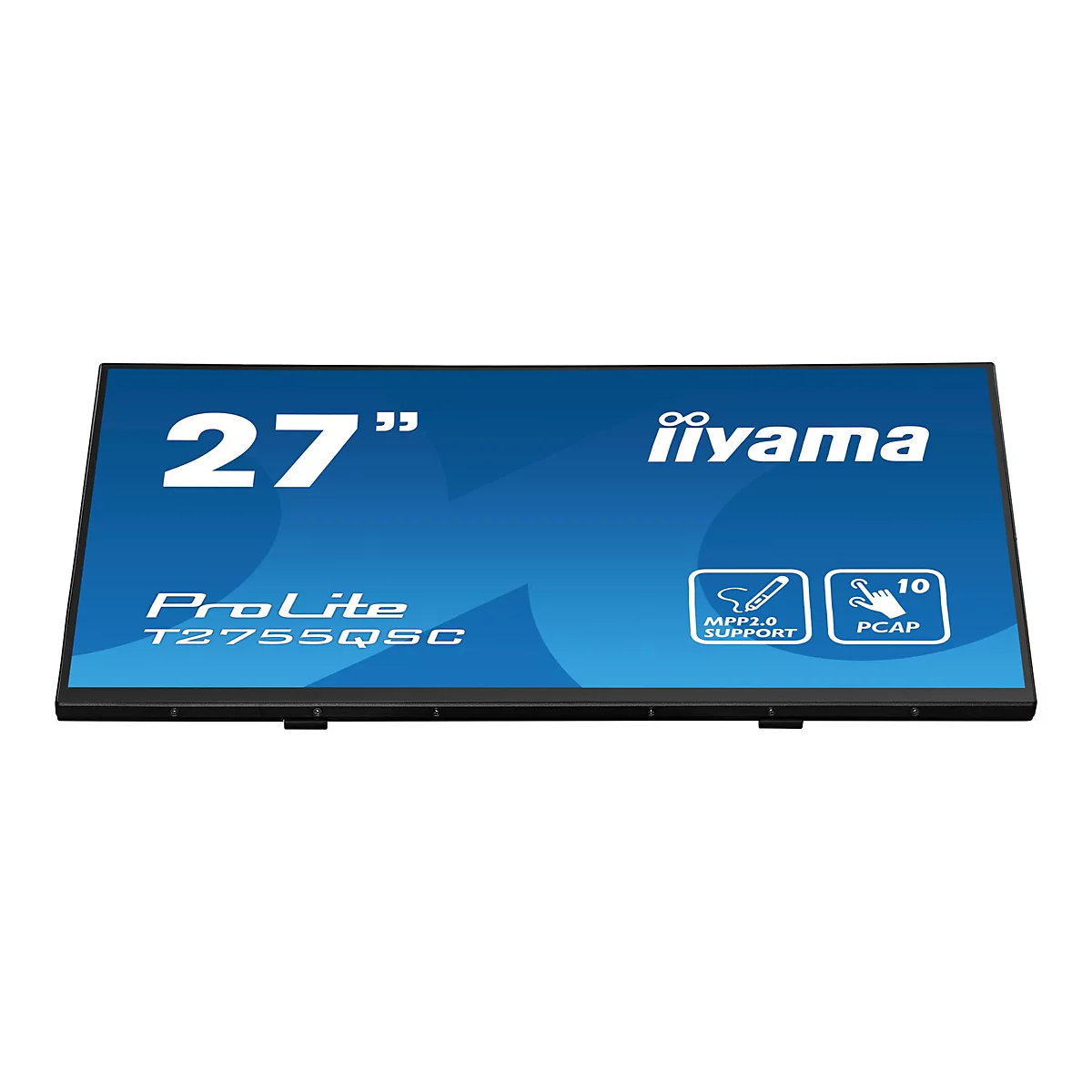 Ein schwarzer Touchscreen-Monitor mit der Aufschrift 27", iiyama und ProLite T2755QSC, sowie Logos für MPP2.0 Support und PCAP.