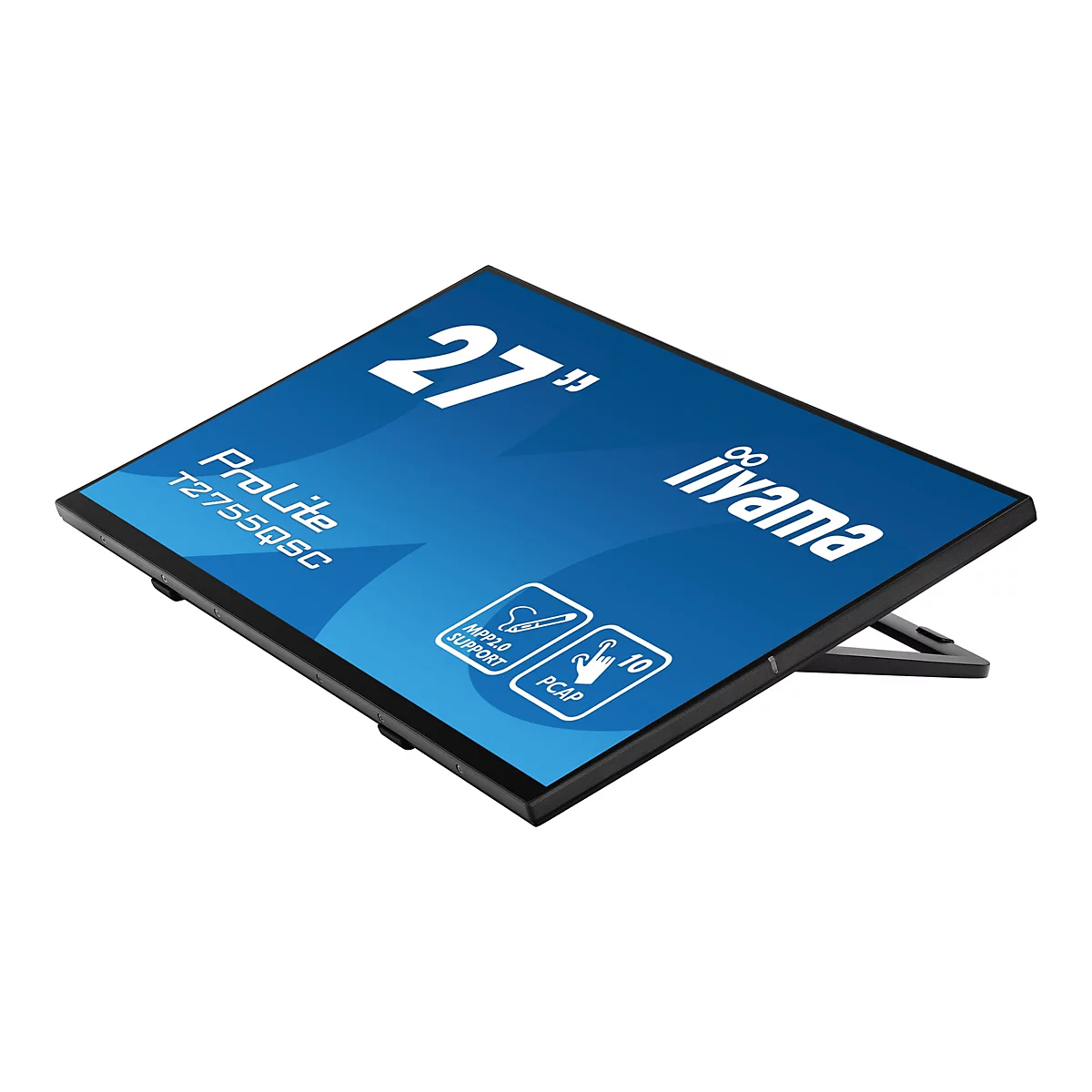 Ein schwarzer Touchscreen-Monitor mit der Aufschrift "27 Zoll" auf blauem Hintergrund und dem iiyama Logo.