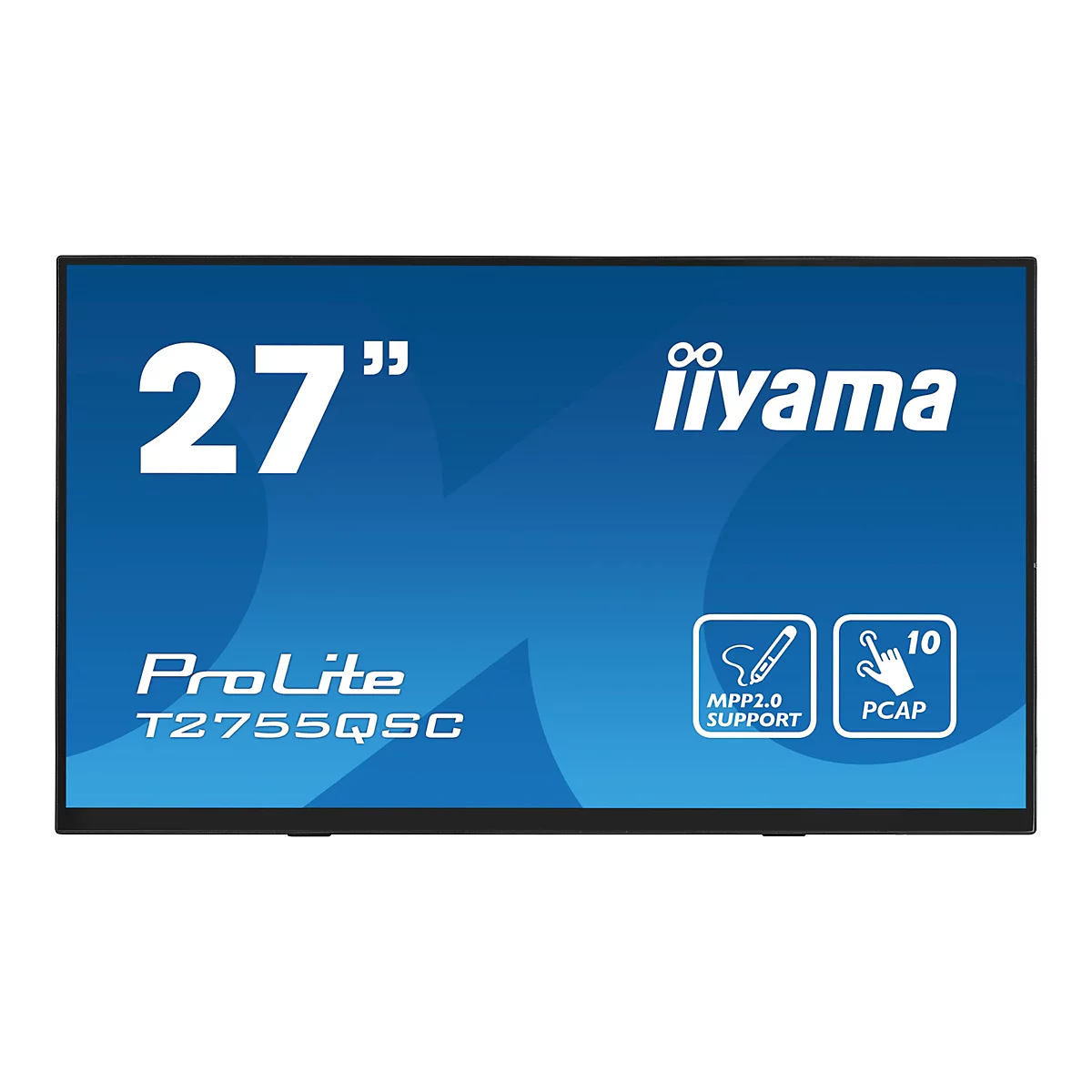 Ein schwarzer Monitor zeigt die Aufschrift "27 Zoll" in weiß, das Iiyama-Logo und die Bezeichnung "ProLite T2755QSC". Darunter Piktogramme mit MP2.0 und PCAP.
