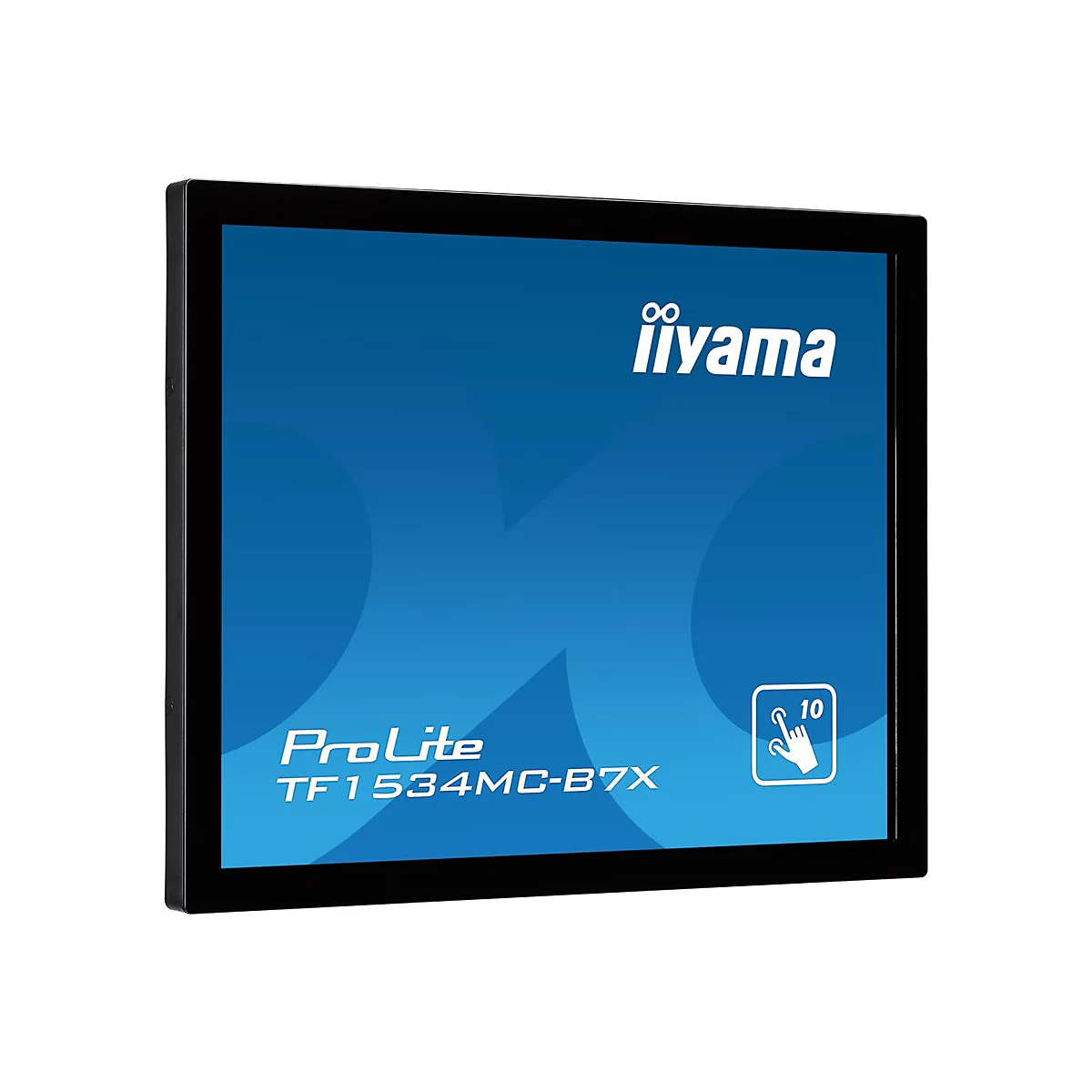 Schwarzer Touchscreen-Monitor mit blauem Hintergrund und weißem Logo von Iiyama, Text 'ProLite TF1534MC-B7X' und Symbol für 10-Punkt-Touch.