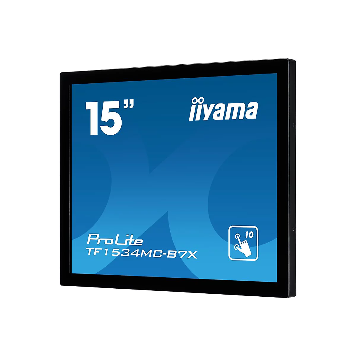 Schwarzer Monitor mit blauem Hintergrund und weißem Text: „15 Zoll“ und „iiyama“. Unten „ProLite TF1534MC-B7X“.
