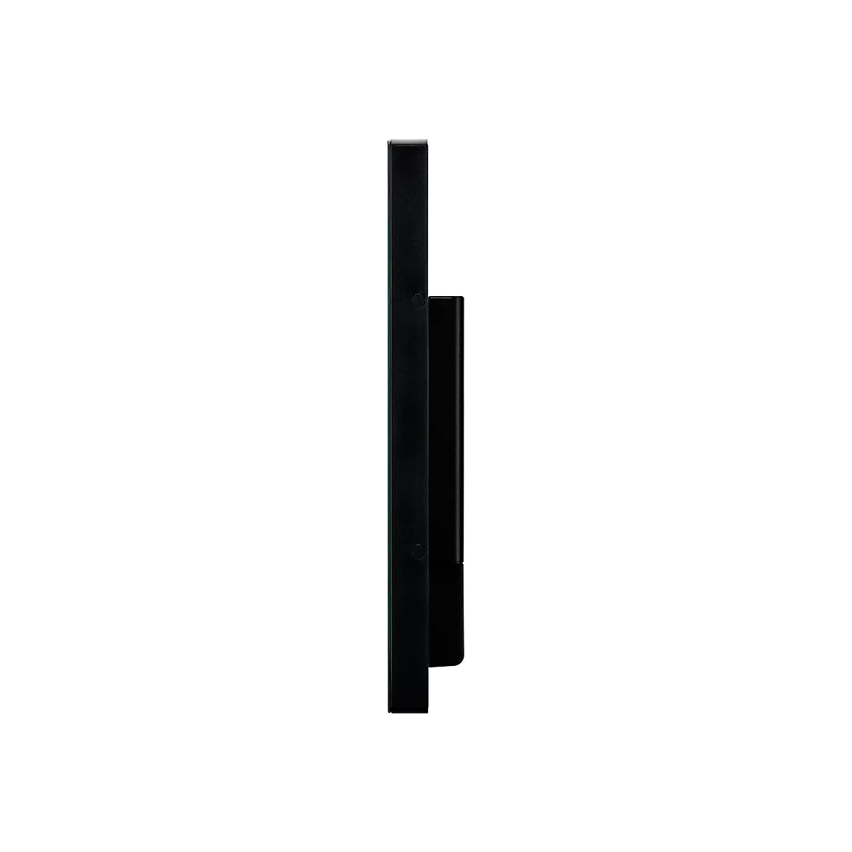 Schwarzes Tablet im Profil, hochkant. Die linke Seite ist schmal, die rechte Seite breiter, mit einem kleinen schwarzen Element.