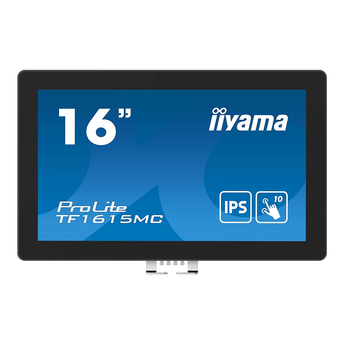 Schwarzer Touchscreen-Monitor mit 16-Zoll-Anzeige. Auf dem Bildschirm sind Markennamen und technische Daten zu sehen.