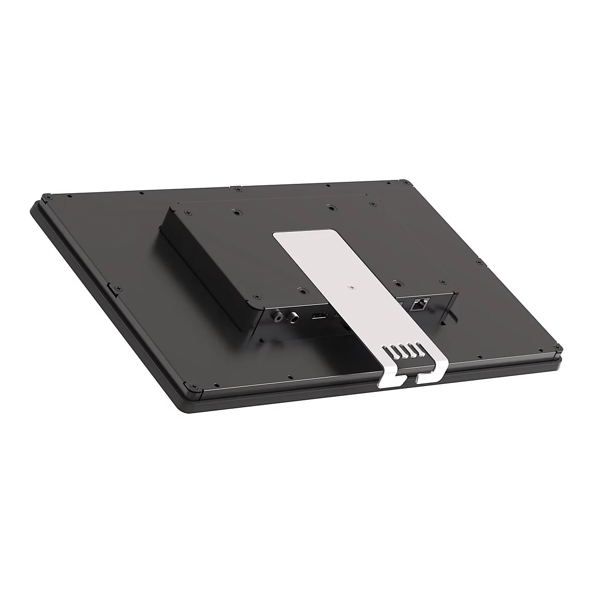 Schwarzes Tablet mit Standfuß, Rückseite gezeigt. Mit Anschlüssen und Halterung.