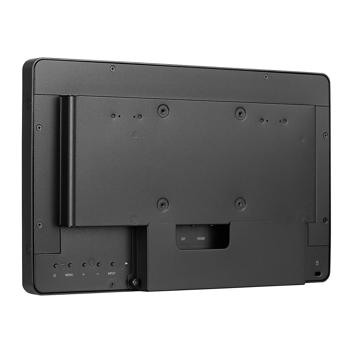 Rückseite eines schwarzen Monitors mit Anschlussbuchsen und Schrauben. Anschlüsse sind mit DP und HDMI beschriftet.
