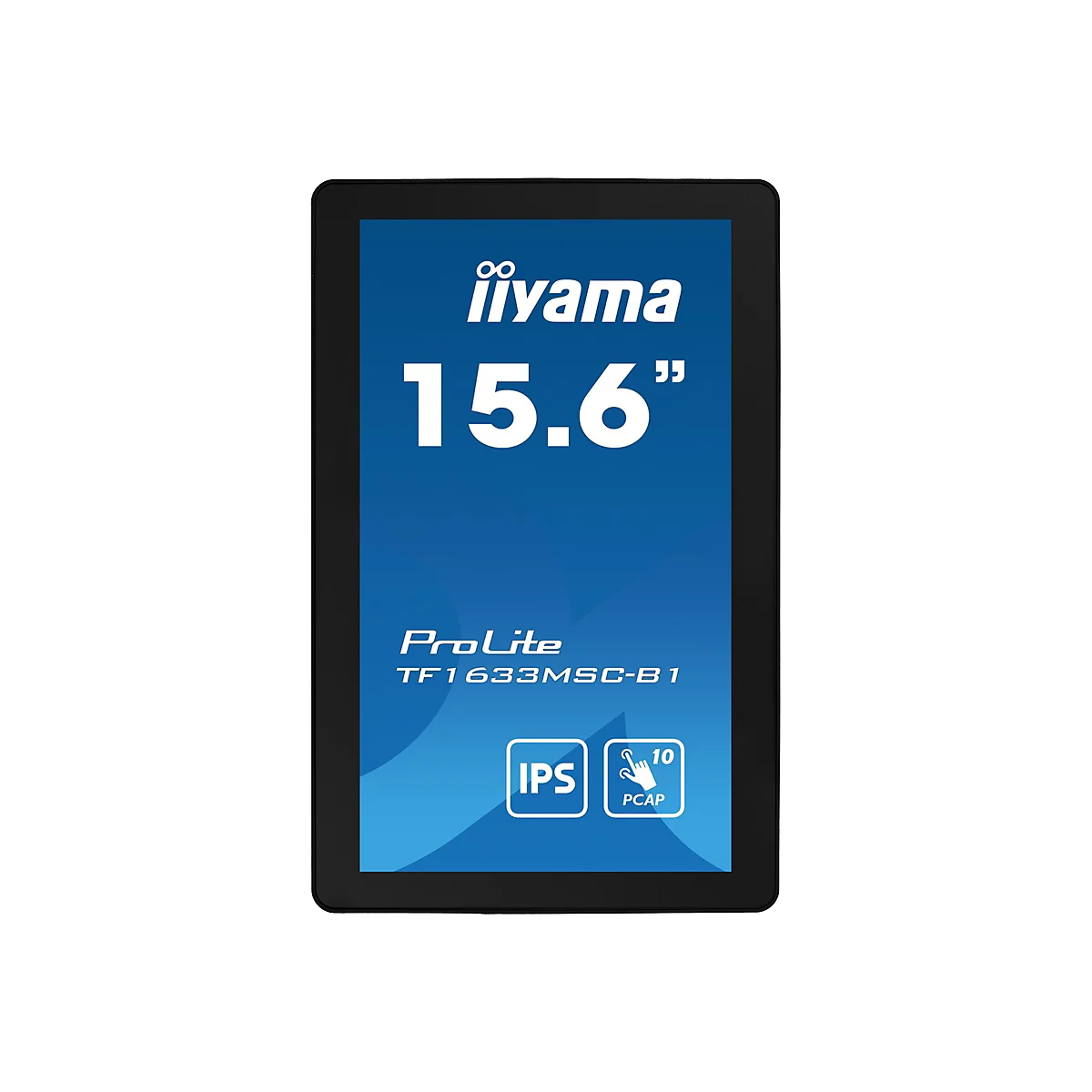 Schwarzes Tablet mit blauem Bildschirm, auf dem "iiyama 15.6 Zoll" steht. Darunter steht "ProLite TF1633MSC-B1". IPS- und PCAP-Logo.