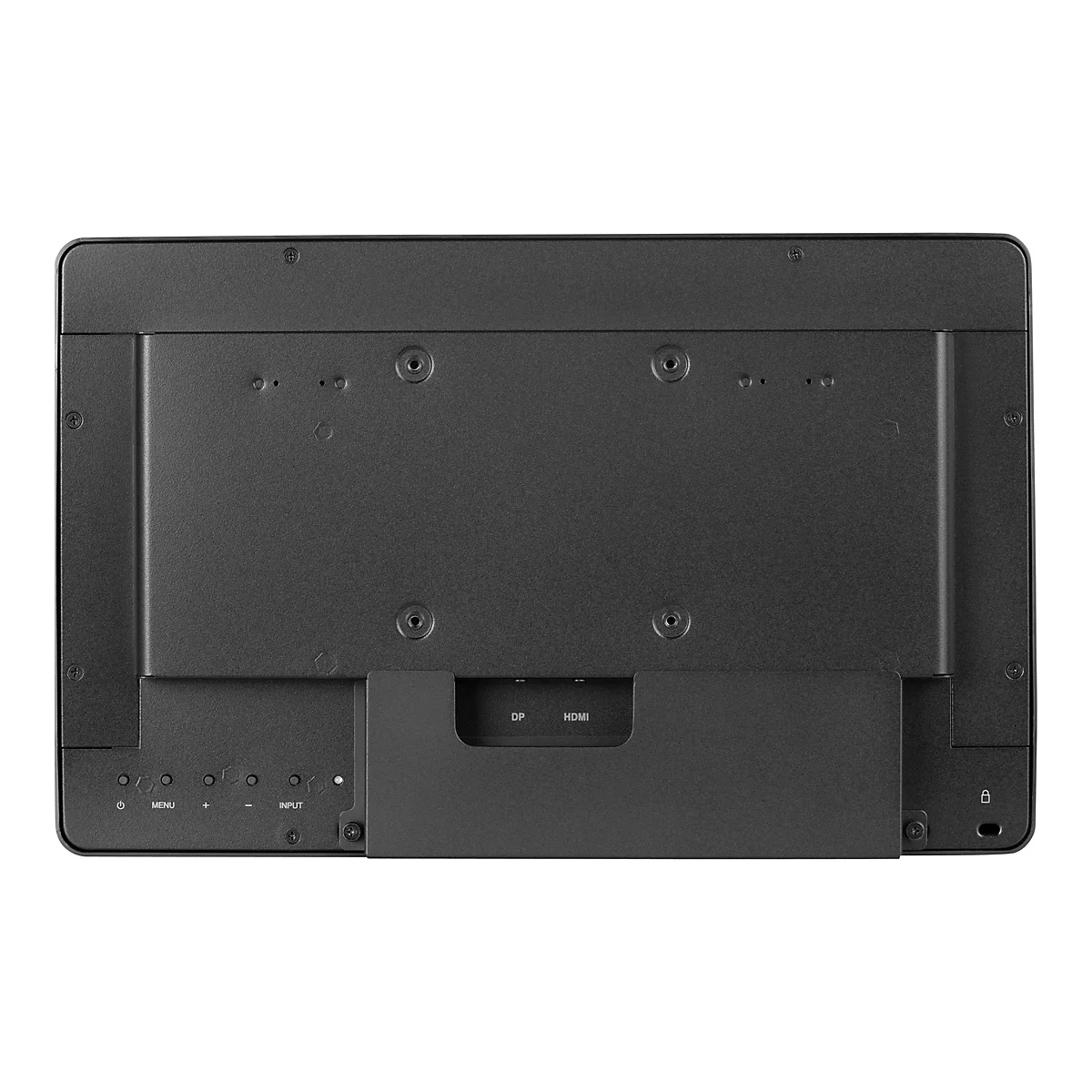Rückseite eines schwarzen Monitors mit Anschlüssen und Knöpfen. Unten links befinden sich die Knöpfe für Power, Menü, Plus, Minus, Input und rechts das Schloss Symbol.