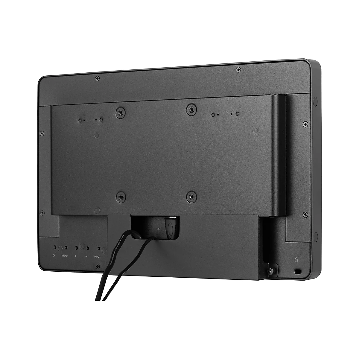 Rückseite eines schwarzen Bildschirms, an dem Kabel befestigt sind. Auf der linken Seite befinden sich Knöpfe mit Beschriftungen wie "MENU" und "INPUT".