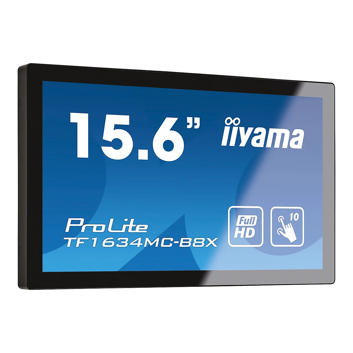 15,6 Zoll Touchscreen-Monitor von iiyama. Bildschirm blau, Rahmen schwarz, Schriftzug: 15.6", iiyama, ProLite, Full HD.