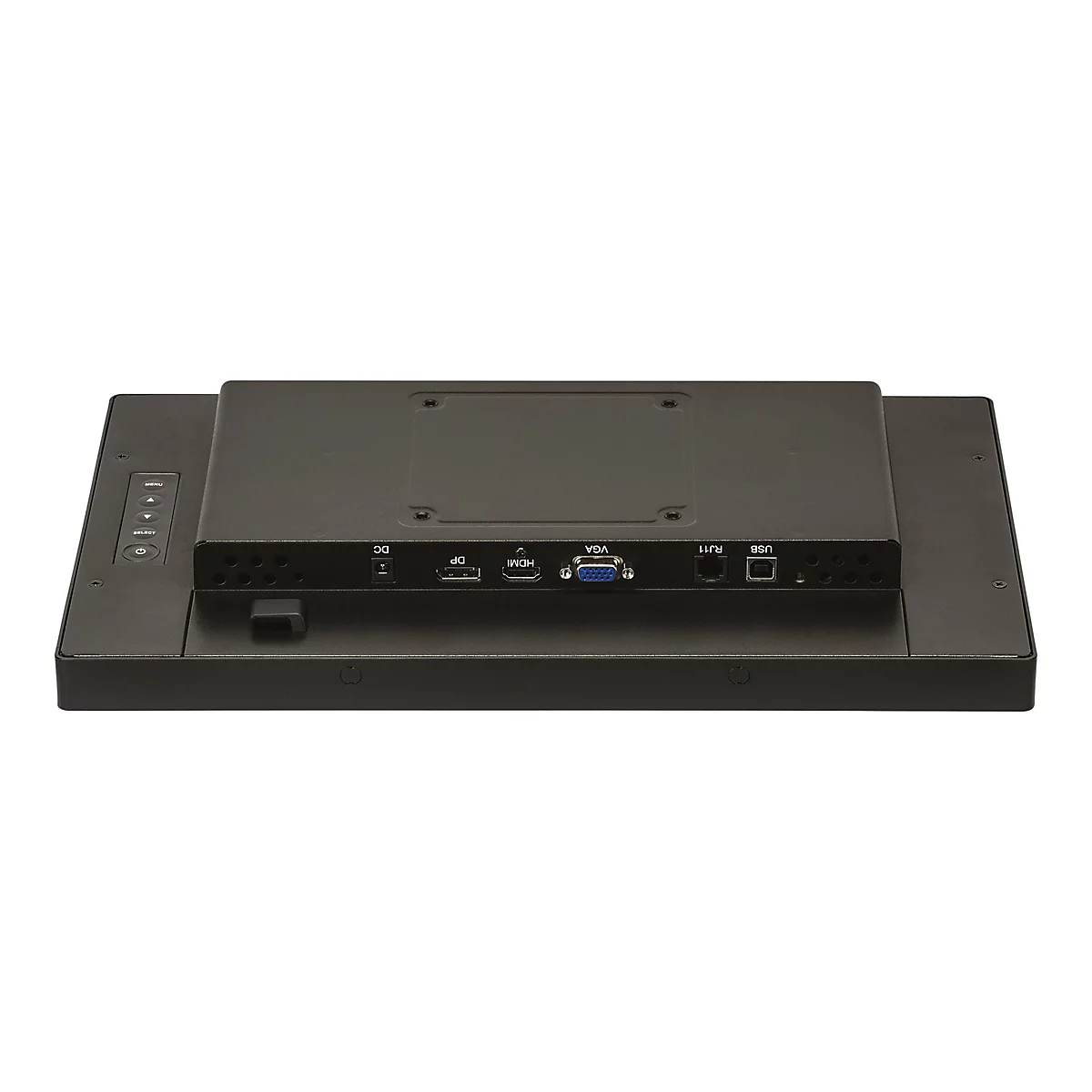Rückansicht eines schwarzen Bildschirms mit Anschlüssen für HDMI, USB, VGA und RJ11.