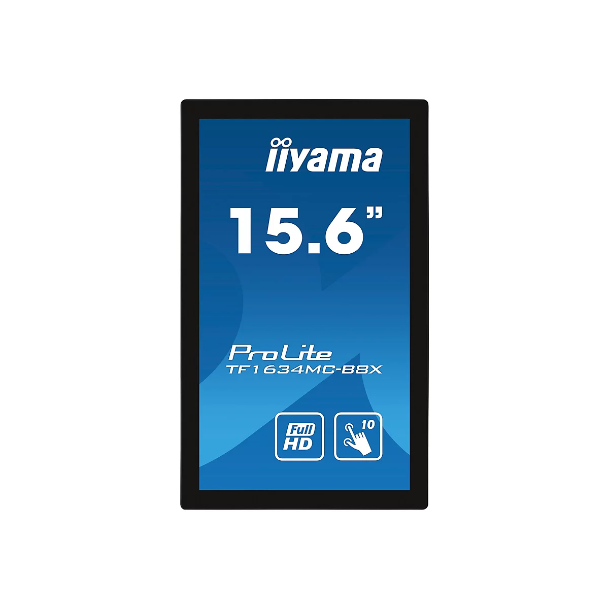 Schwarzer Touchscreen-Monitor, blaue Oberfläche mit weißem Schriftzug "iiyama" und "15.6", sowie Logos und Text.