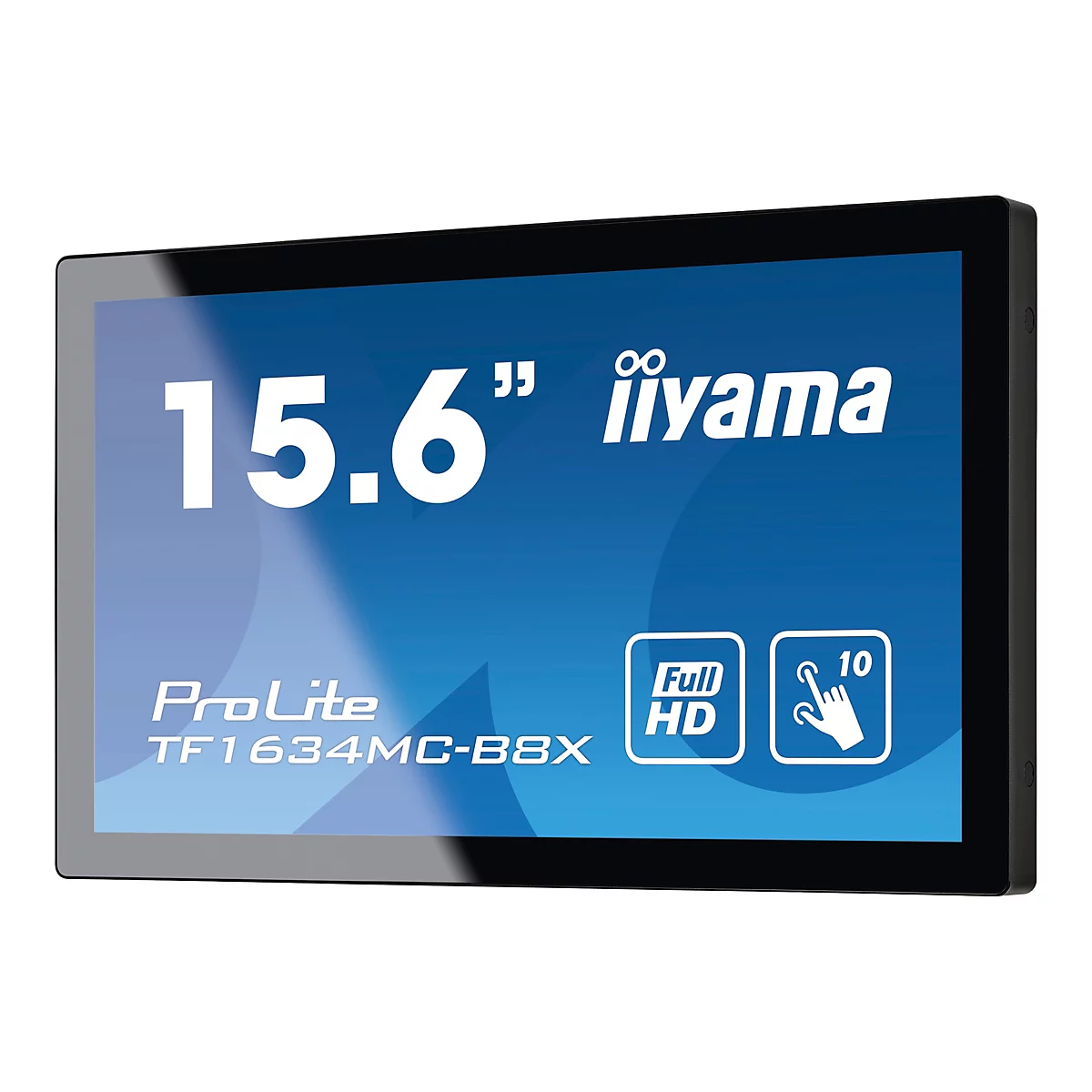 Ein schwarzer Monitor, auf dem "15.6" iiyama, ProLite, TF1634MC-B8X und Symbole angezeigt werden.