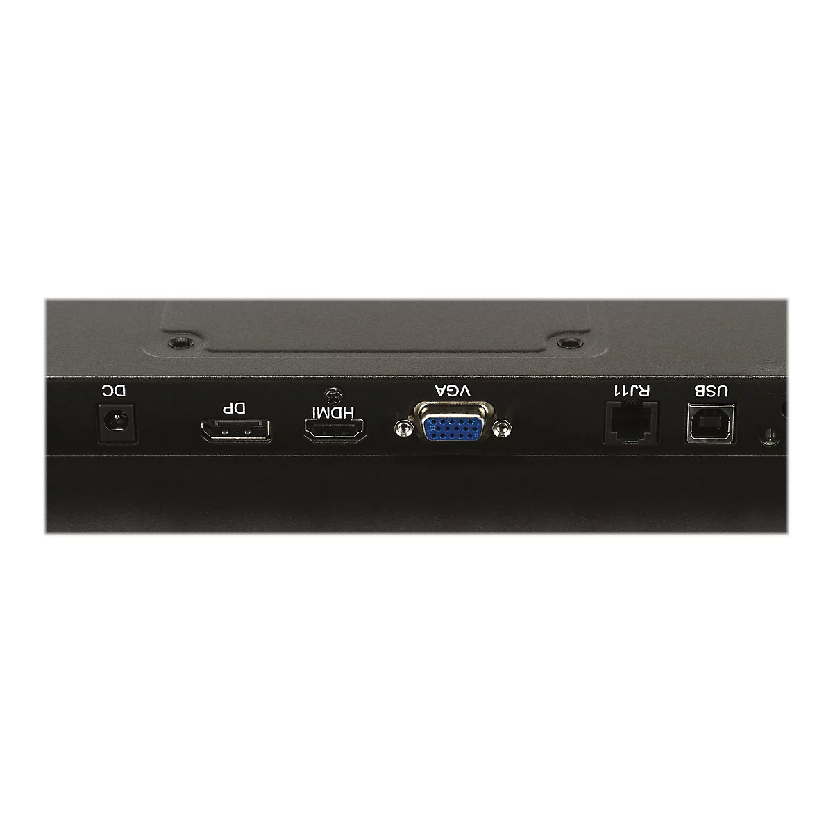 Nahaufnahme der Rückseite eines Monitors mit verschiedenen Anschlüssen, darunter HDMI, VGA, USB und RJ11.