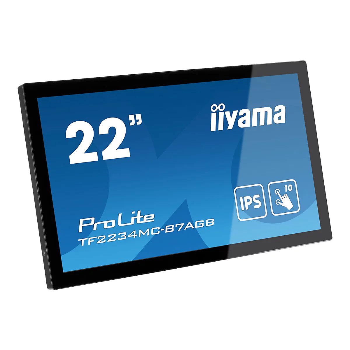 Schwarzer Touchscreen-Monitor mit der Aufschrift 22 Zoll, iiyama, ProLite, IPS und 10-Punkt-Touch.