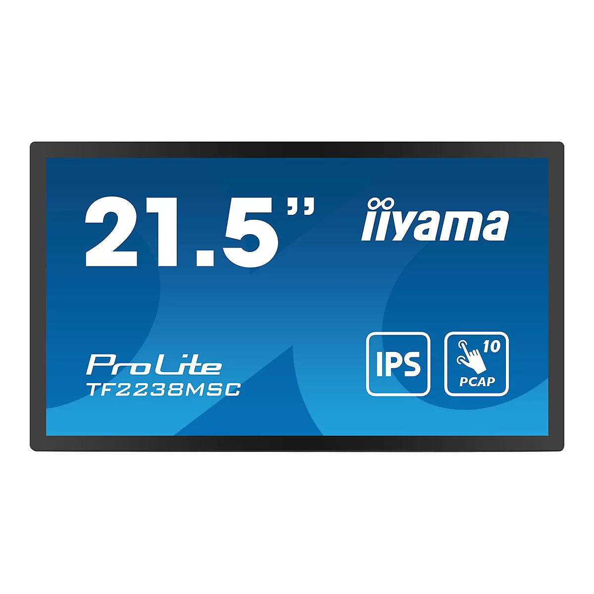 Flachbildschirm mit blauer Oberfläche, auf der "21.5 Zoll" und "iiyama" steht. Zudem die Bezeichnungen "IPS" und "PCAP".