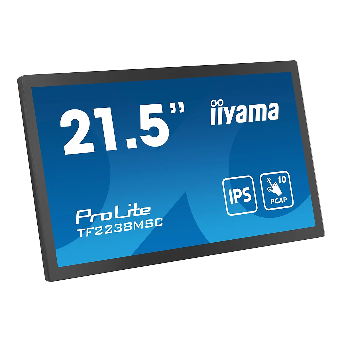 Ein schwarzer Touchscreen-Monitor mit der Aufschrift "21,5 Zoll iiyama ProLite TF2238MSC". Auf dem Bildschirm befinden sich Symbole für IPS und PCAP.