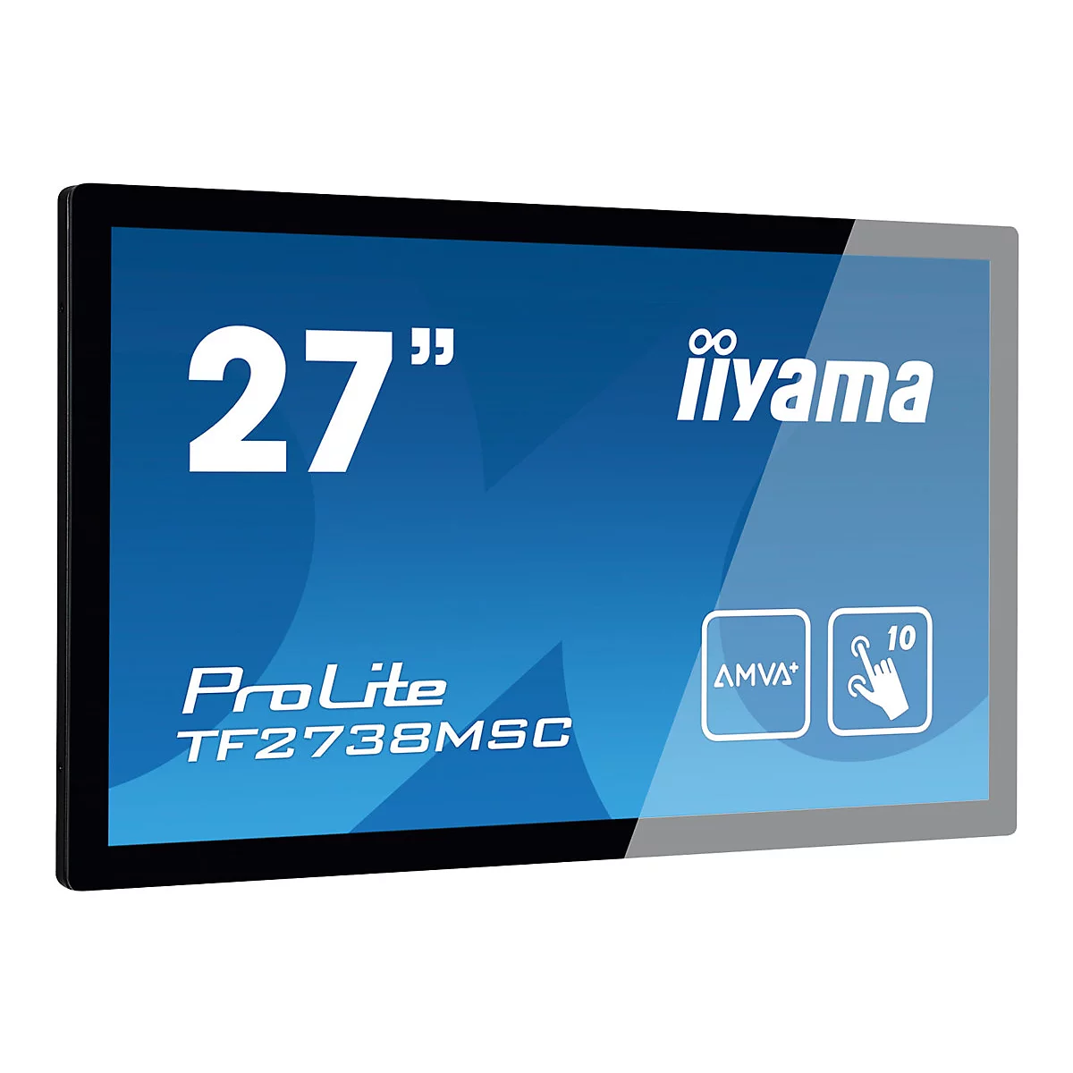 Iiyama ProLite 27 Zoll Touchscreen Monitor mit blauem Display auf weißem Hintergrund.