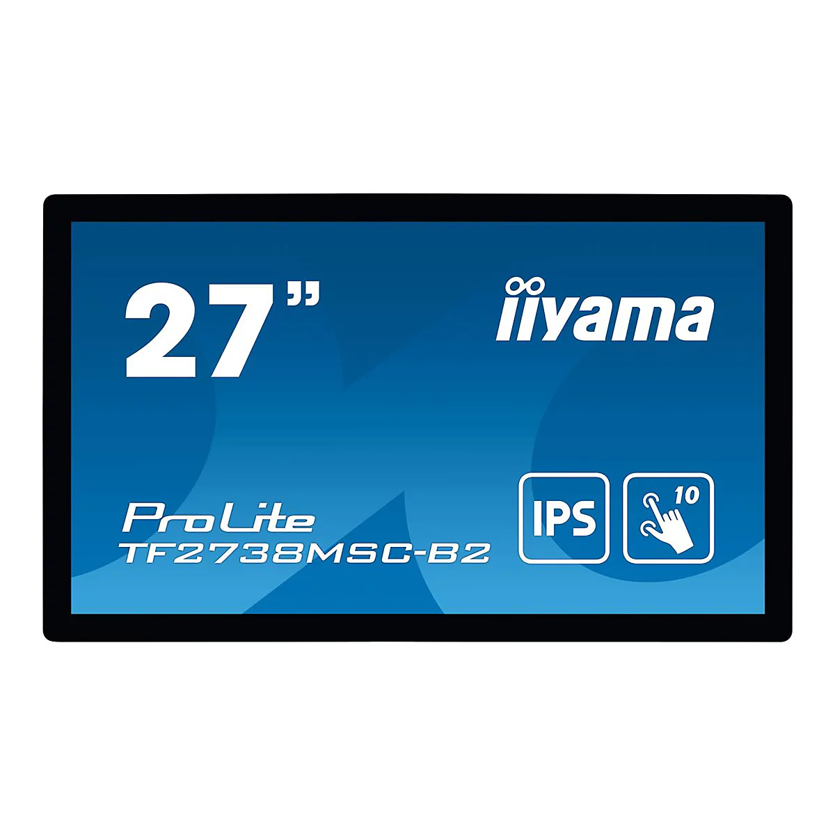 27-Zoll iiyama ProLite Touchscreen-Monitor vor blauem Hintergrund mit IPS- und 10-Punkt-Touch-Symbol.