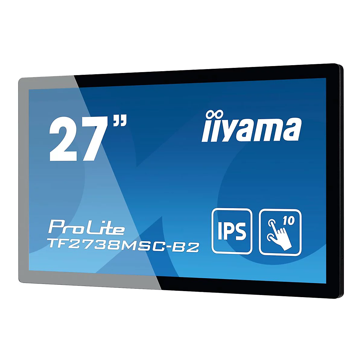 Schwarzer iiyama ProLite Monitor, 27 Zoll, mit blauen Akzenten. SchriftzÃ¼ge: iiyama, ProLite, IPS, 10 Touch.