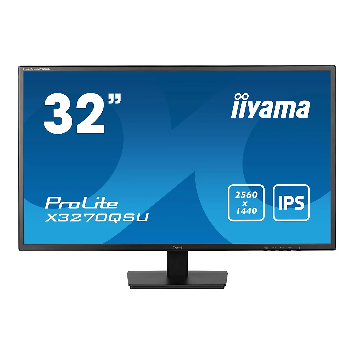Ein 32-Zoll-Monitor von iiyama. Der Bildschirm hat eine blaue Oberfläche mit weißem Schriftzug, der die Marke und die technischen Daten angibt.