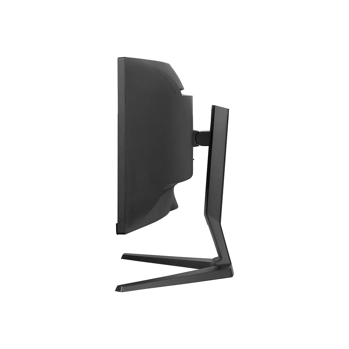 Seitenansicht eines schwarzen Monitors mit Standfuß. Der Bildschirm hat abgerundete Ecken und steht auf einem V-förmigen Standfuß.