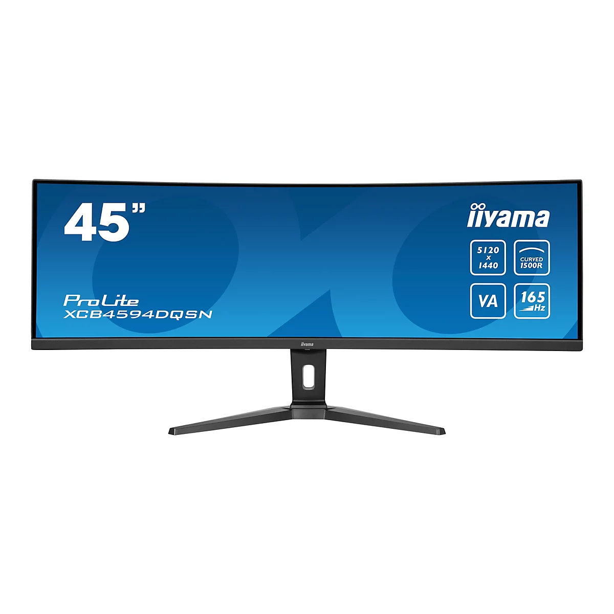 Ein gebogener 45-Zoll-Monitor mit blauem Bildschirm, der von einem schwarzen Standfuß gehalten wird. Markenzeichen 'iiyama' und Modellbezeichnung.