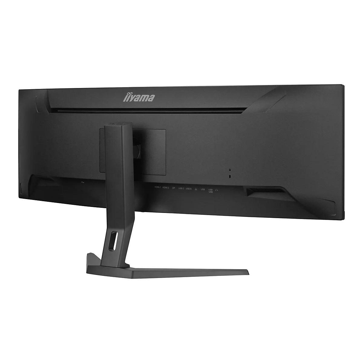 Der schwarze Bildschirm von hinten eines Iiyama-Monitors. Unterhalb des Iiyama-Logos befinden sich Anschlüsse und Anschlüsse.