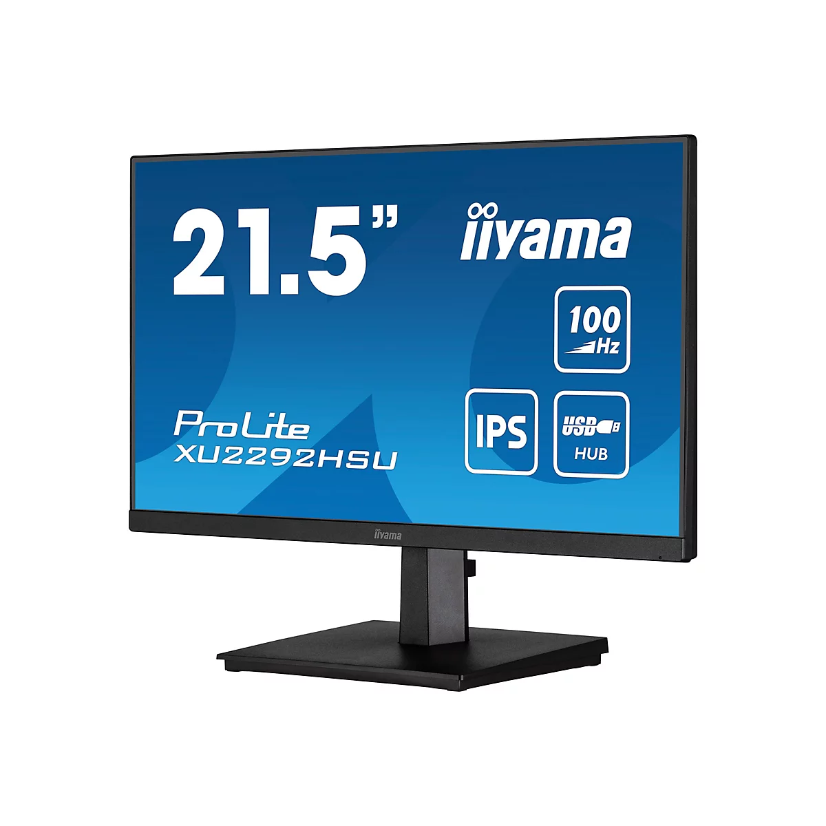 Schwarzer iiyama ProLite Monitor mit 21,5 Zoll Display auf einem Ständer vor weißem Hintergrund.