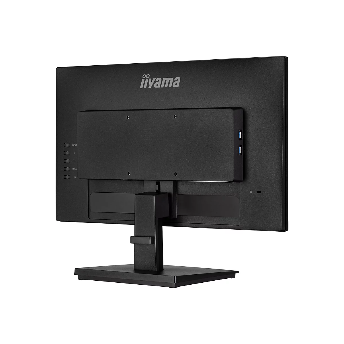 Rückseite eines schwarzen iiyama-Monitors. Es sind Anschlüsse, das Logo und die Bedienelemente zu sehen.